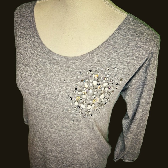 J. Crew Heathered Gray Crystal & Sequin Bejeweled 3/4 Sleeve Tee Shirt Size XS - Picture 10 of 11
